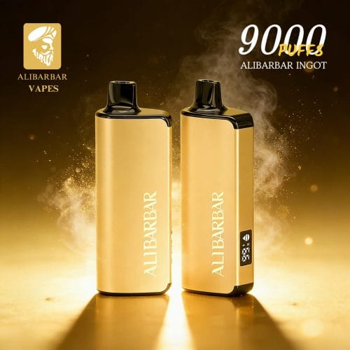 A close-up image of the Alibarbar Ingot 9000 vape, showcasing its distinctive gold bar shape and high-end metallic finish.