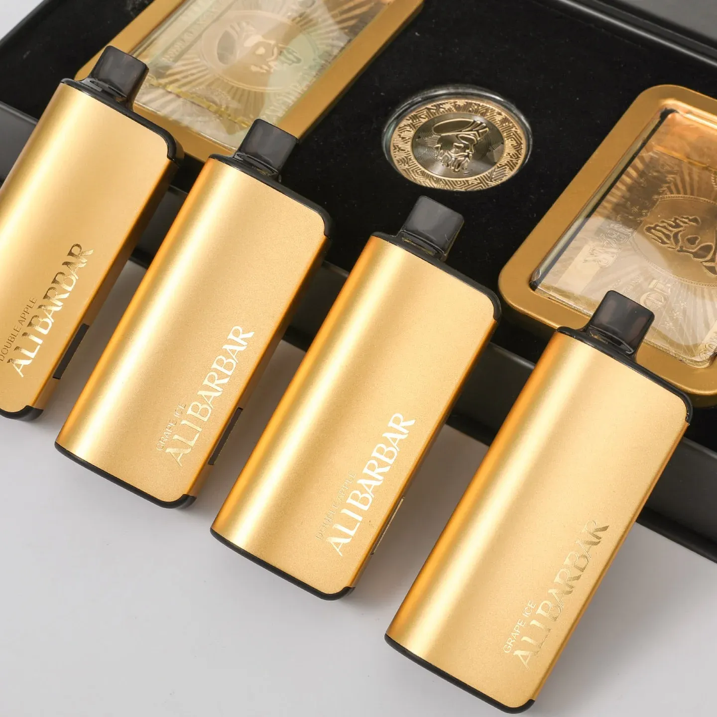 The Ali Barbar Ingot 9000 vape, precisely styled to resemble a sleek bar of gold, emphasizing its luxurious and portable design.