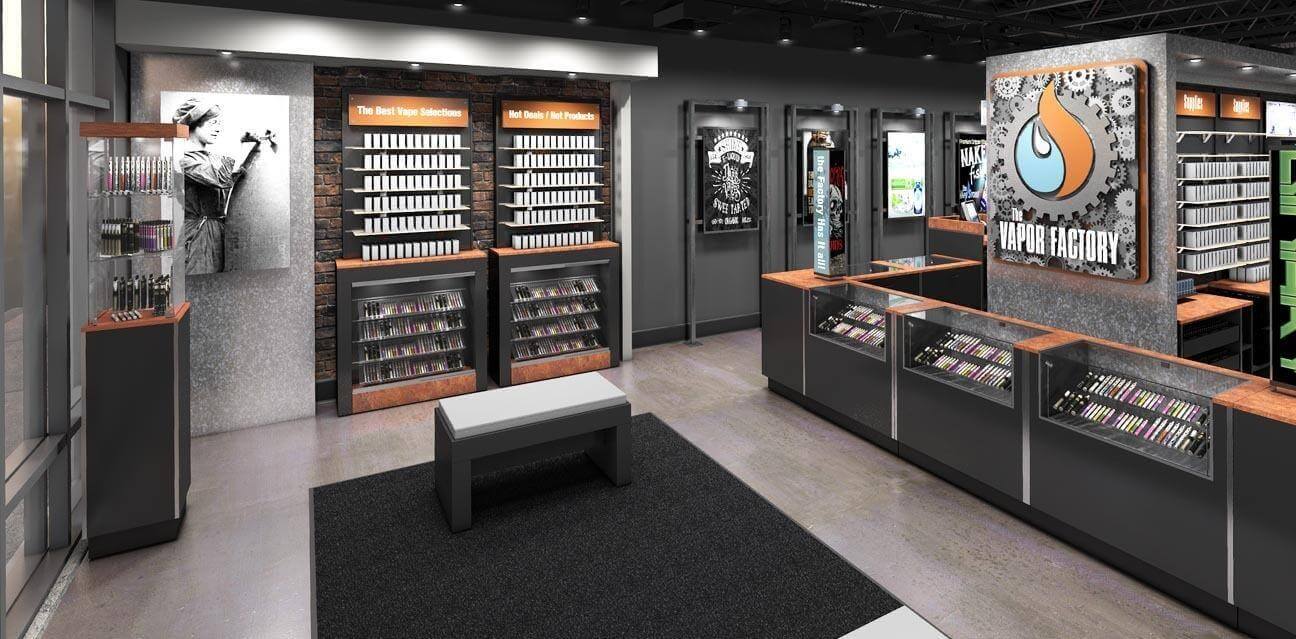 Inside a cozy and warm vape shop, customers are relaxed and chatting while holding different vape devices, highlighting the tactile experience.