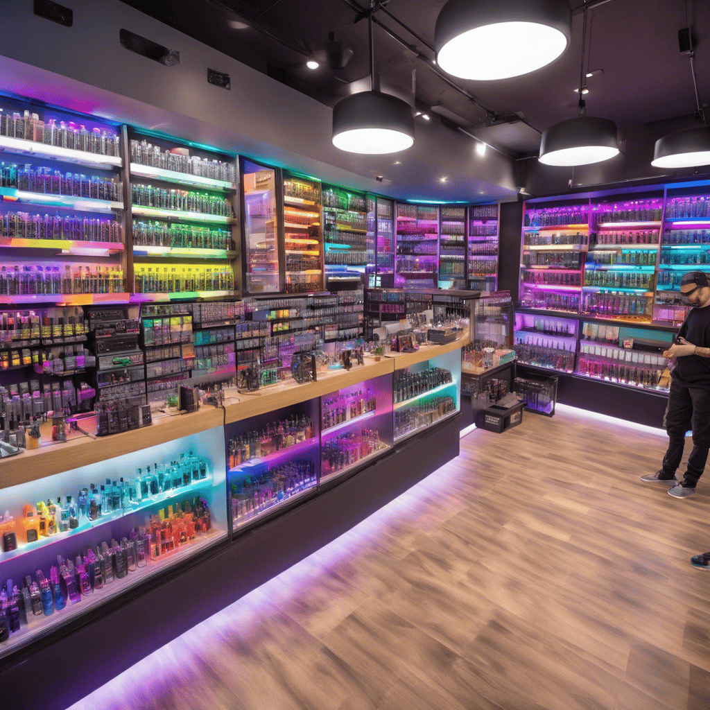 An elegant and well-organized display of modern vape products in a boutique-style shop, resembling a gallery with carefully curated items.