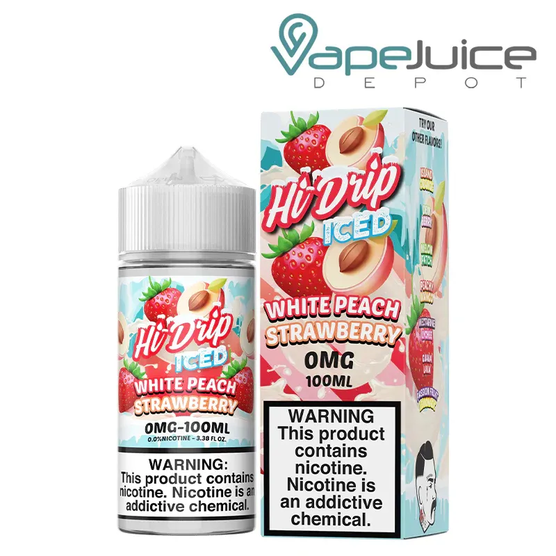 An artistic image depicting fresh strawberries, ripe white peaches, and an icy mist effect, symbolizing the Strawberry White Peach Ice Mist vape flavor.