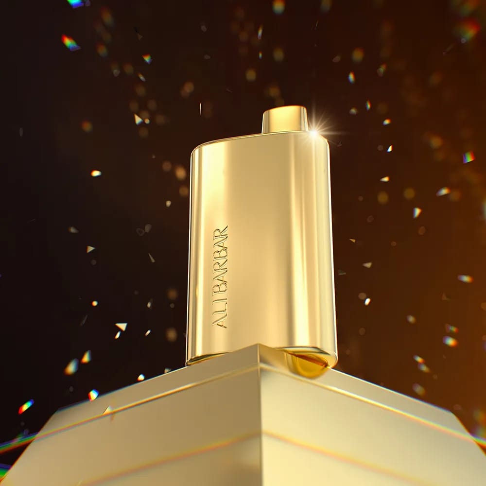A hand unboxing a vape device, with a scratch-and-win card slipping out, set against a relaxing balcony background.