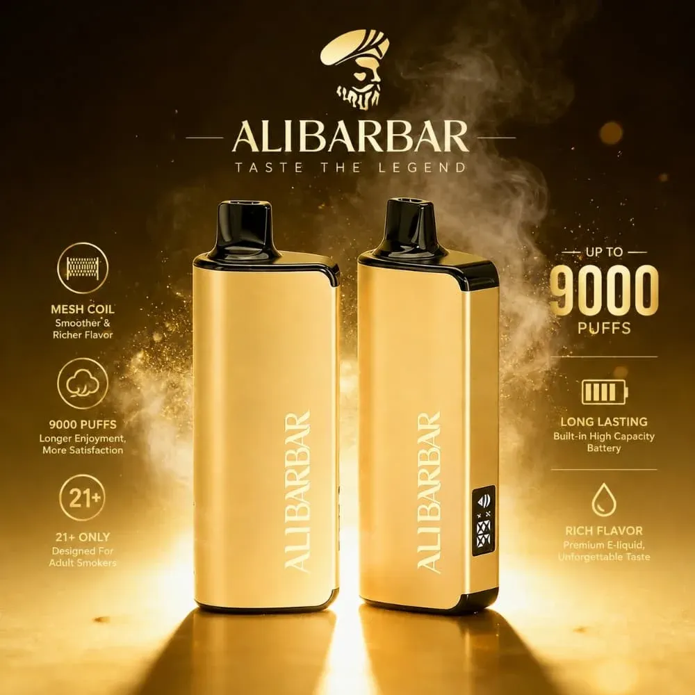 An Alibarbar Ingot 9000 vape, keys, and sunglasses neatly arranged on a modern cafe table, illustrating its premium aesthetic.