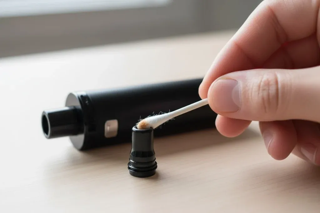 Hands rolling a tissue into a thin spiral and inserting it into a vape mouthpiece to clean condensation.
