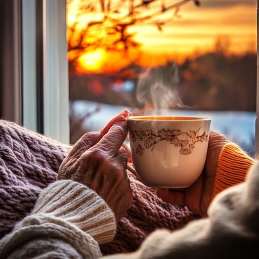 A serene image of a sunset over a calm landscape, with a person relaxing in an armchair holding a cup of tea, implying a moment of peace and vaping.