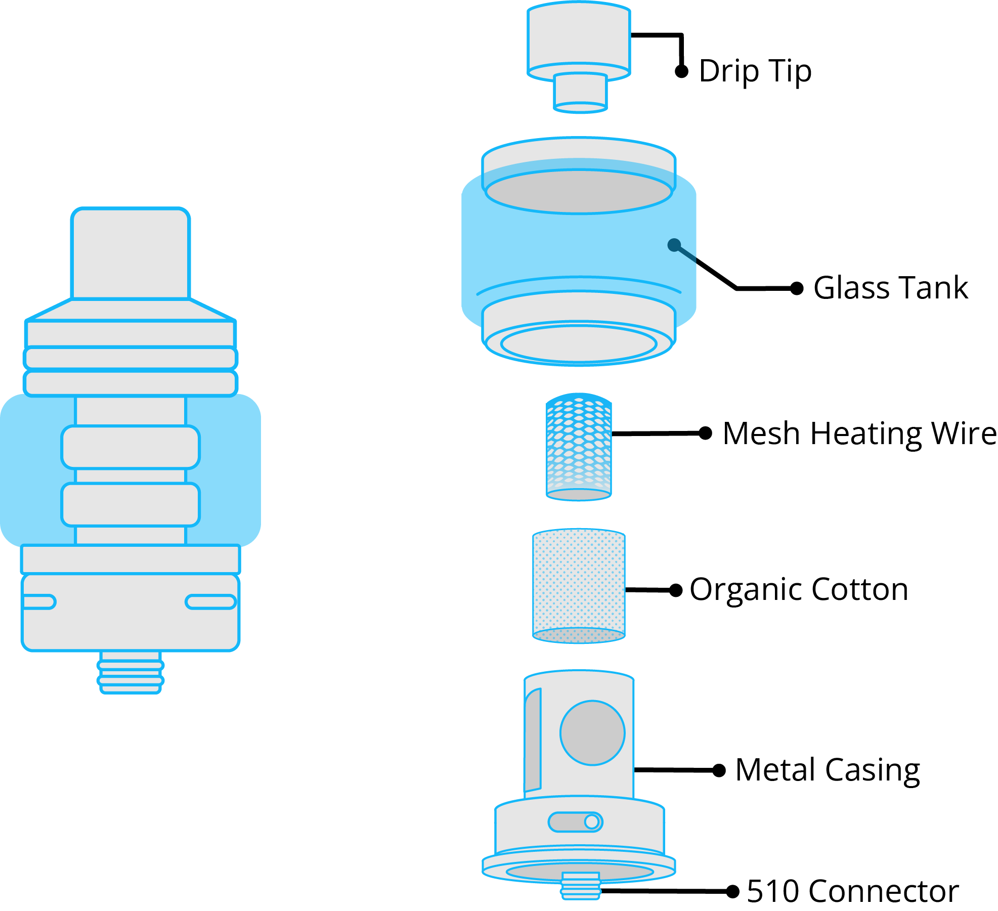 Anatomy diagram of a vape tank, showing the coil, cotton wick, e-liquid reservoir, and airflow in a cutaway view.