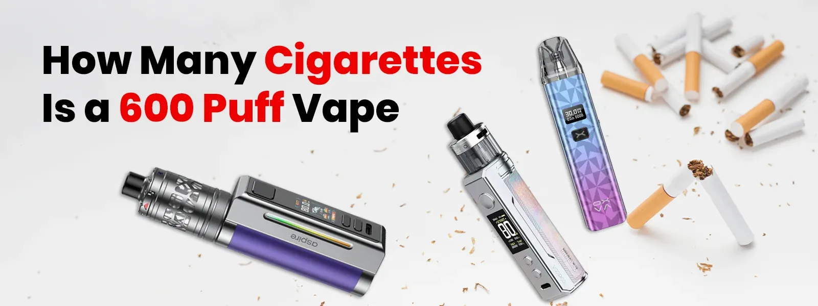 An image showing a standard disposable vape device rated for 600 puffs, visually compared to 2-3 packs of traditional cigarettes to illustrate equivalent usage.