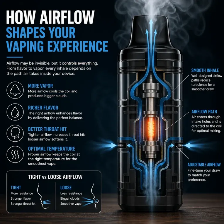 An illustrative diagram showing the internal airflow path through a vape device, from intake to mouthpiece, highlighting areas of potential turbulence.