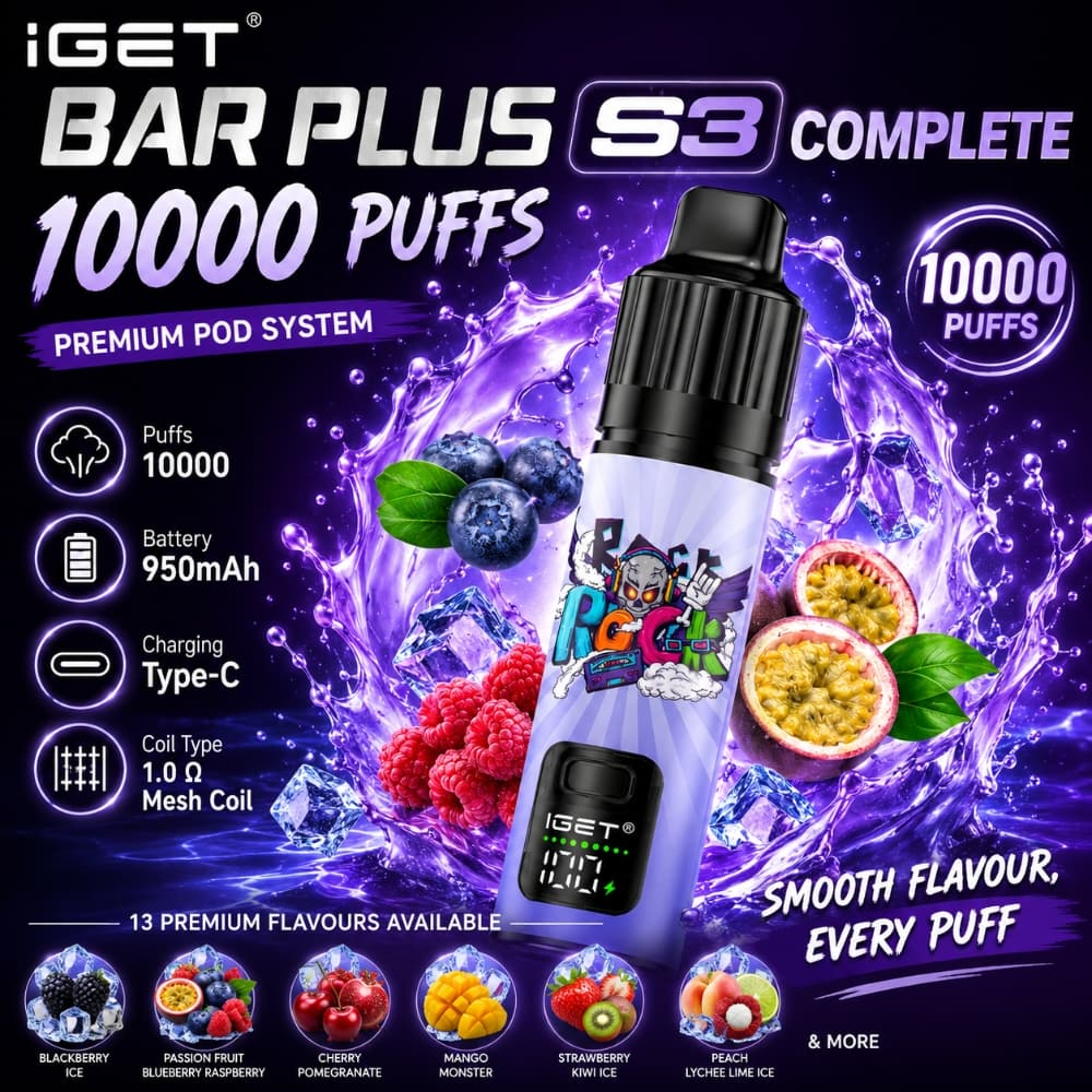 A close-up image of the Iget Bar Plus S3 10000 vape device.