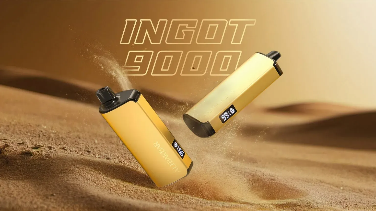 A sleek Alibarbar Ingot 9000 vape device styled like a gold bar, emphasizing its metallic, solid feel.