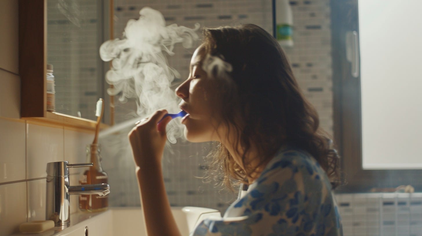 A person enjoying a morning ritual, holding a vape device and a flat white coffee, with warm sunrise light filling a cozy indoor setting.