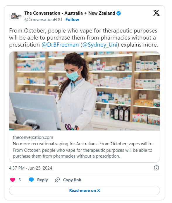A visual representation showing a disposable vape next to a No Entry sign or a red cross over a map of Australia, contrasting with a doctors prescription pad and pharmacy label.