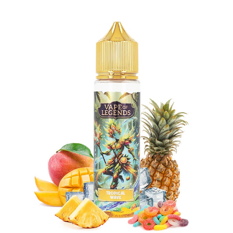 An assortment of vibrant tropical fruits like mangoes, passionfruit, and pineapples arranged on a warm, sandy beach, evoking a sun-kissed vape flavor experience.
