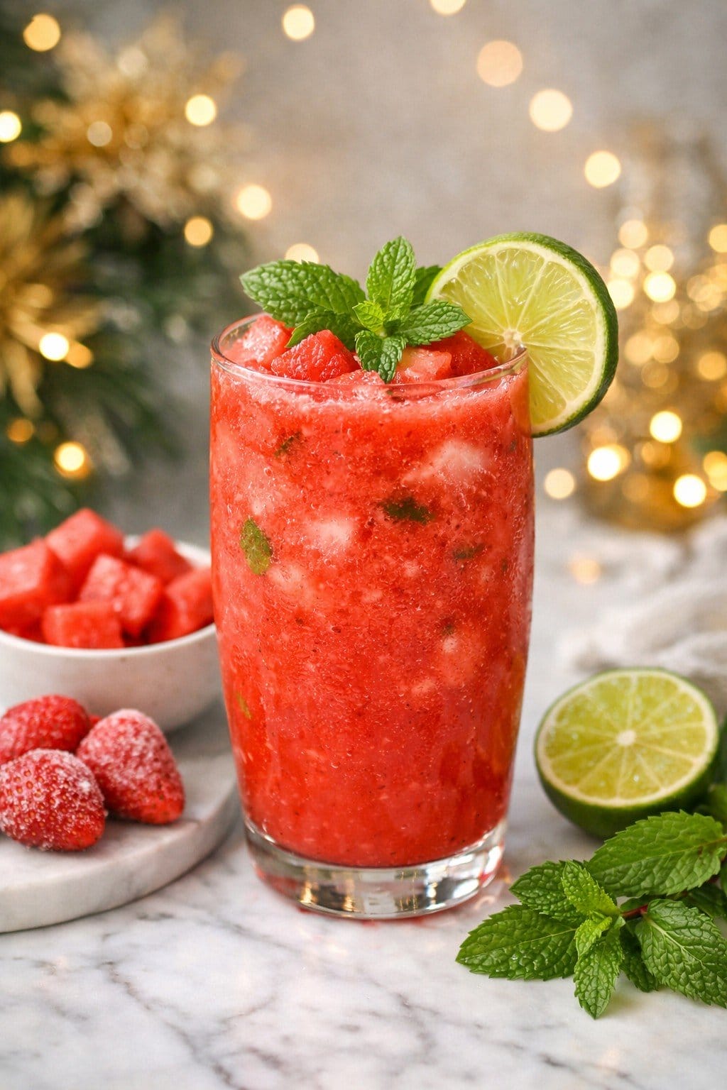 A freshly blended tropical mocktail with strawberry, coconut, and watermelon, placed by a swimming pool, representing the vape flavor.