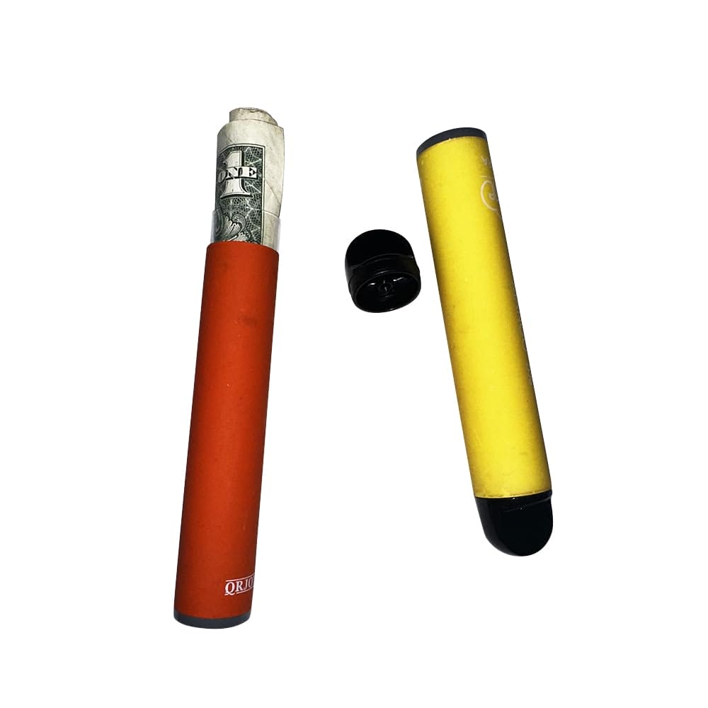 A sturdy, non-conductive container like a plastic tub or cardboard box with a lid, safely holding multiple used vape devices for temporary home storage.