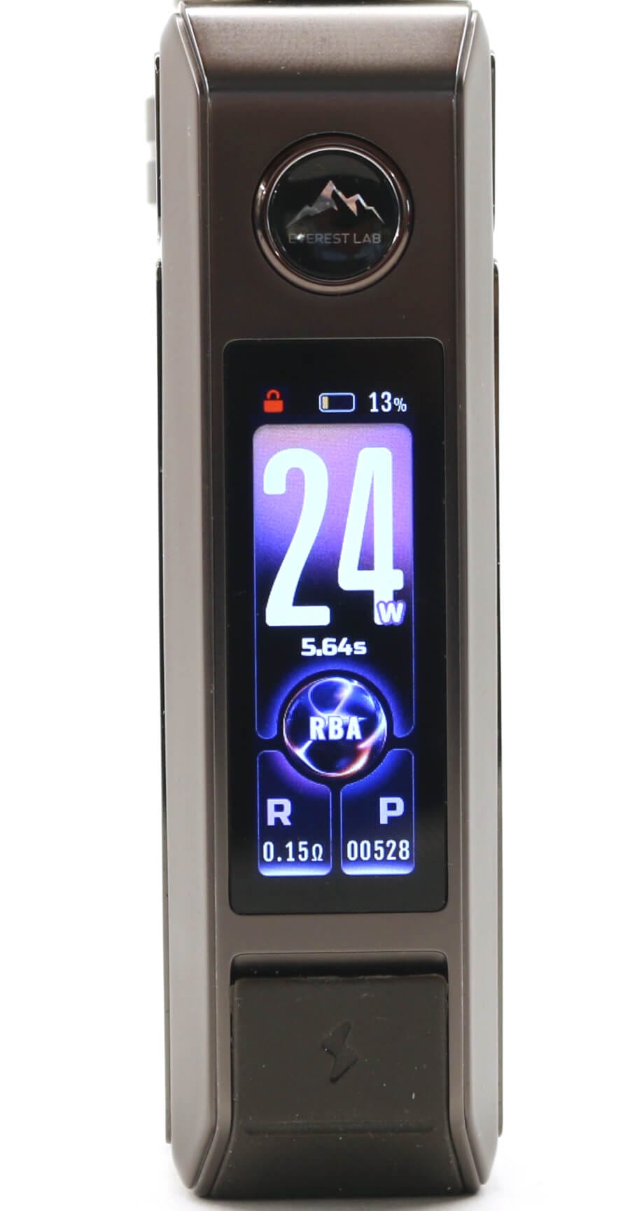 A vape device screen showing e-liquid indicators, including a water droplet icon, a numerical liquid level percentage, and a vertical bar gauge mimicking fluid levels.