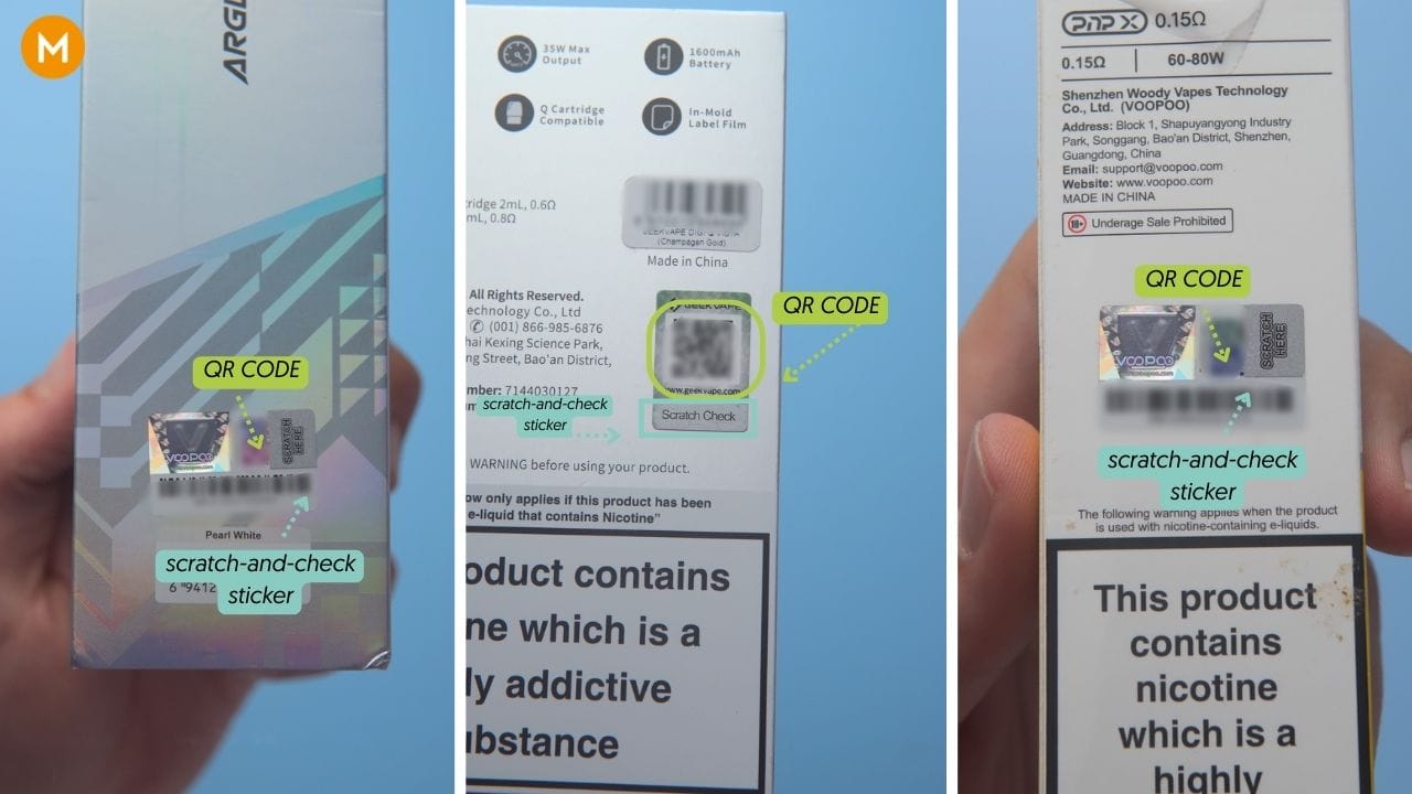 Vape packaging showcasing symbols for child-resistant features and electrical safety certifications like CE mark, RoHS, and battery capacity (mAh).