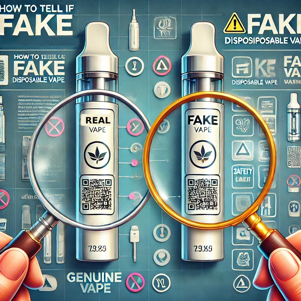 A hand holding a smartphone scanning a QR code on a vape products security sticker, with a scratched-off authentication code visible.