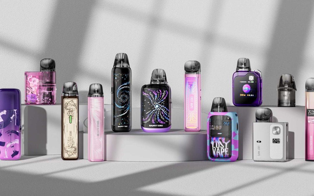 A close-up of a modern, sleek vape pod kit or smart disposable vape, clearly showing its illuminated digital display with various icons and indicators.