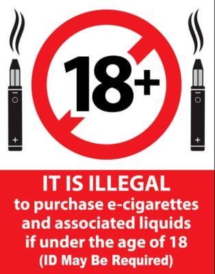 Vape packaging with prominent, high-contrast health warnings about nicotine addictiveness and an 18+ age restriction badge.