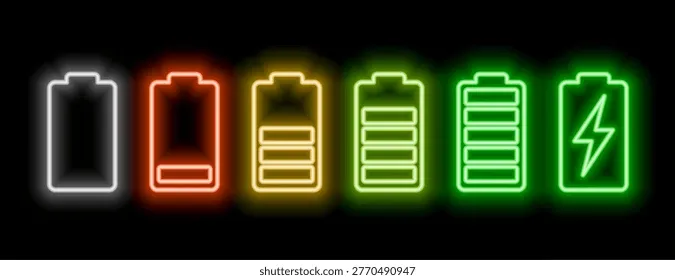 A vape device screen displaying different battery indicators: a precise numeric percentage, a segmented battery bar, and a lightning bolt symbol indicating charging.