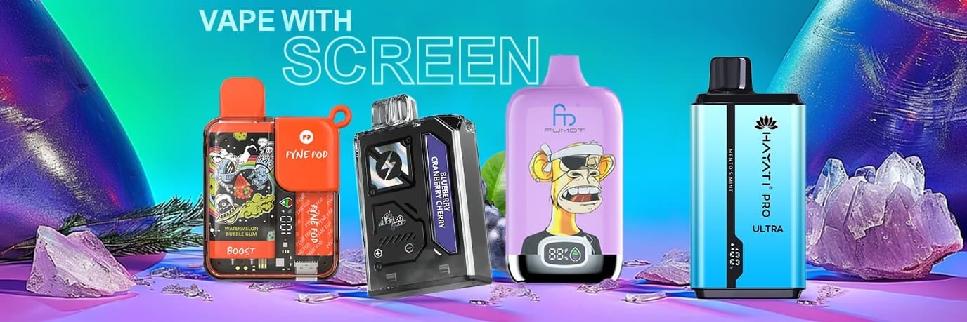 A vape device screen showing various safety alerts: a stopwatch for Over-Puff Cut-Off, a warning triangle or wrench for Short Circuit, and a padlock for Device Lock.