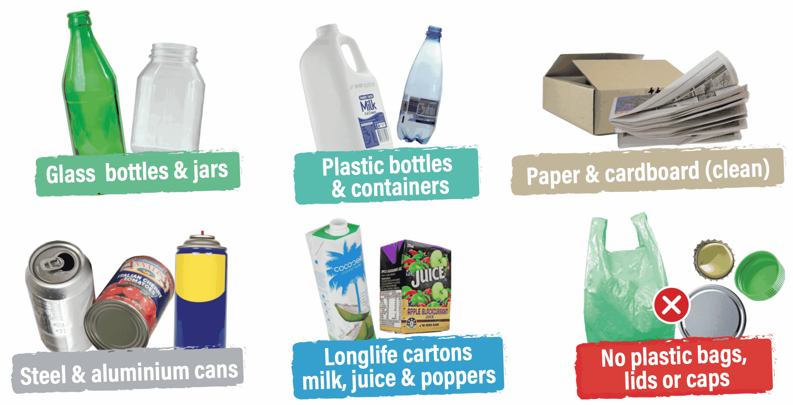 An open Australian yellow-lid recycling bin filled with clean, separated recyclables like plastic bottles, cardboard, tin cans, and glass jars.
