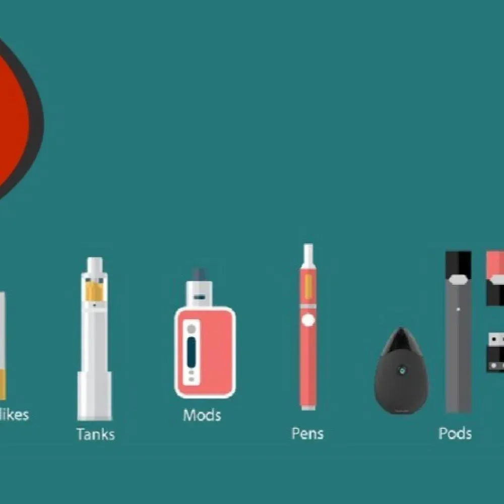 Illustrative diagram showing the evolution of disposable vape form factors from long cylindrical pen designs to compact rectangular box-style devices, showcasing internal component arrangement.