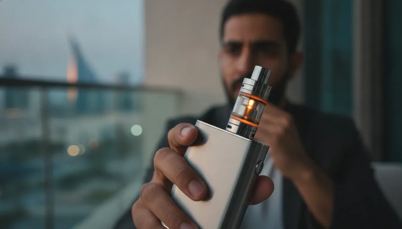 A disposable vape lying on a car dashboard under direct sunlight or in another hot outdoor environment, illustrating environmental heat exposure.