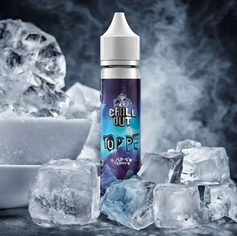 A person clutching their forehead, showing signs of brain freeze or headache, with a vape device in the background, illustrating the effect of chain-vaping intense ice liquids.