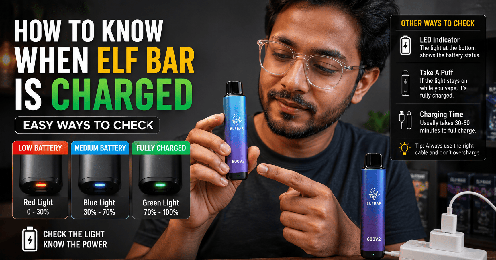 A disposable vape safely charging on a clean, hard, non-flammable surface such as a wooden desk or countertop, away from combustible materials.
