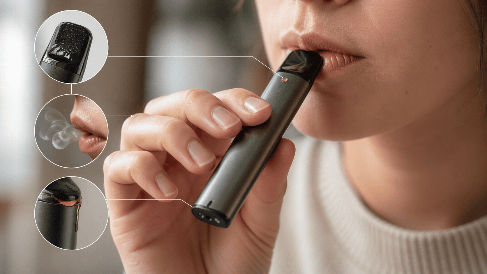 Image comparing condensation around a vape mouthpiece (tiny clear droplets) with a genuine vape leak (larger, sticky liquid seeping from seams).