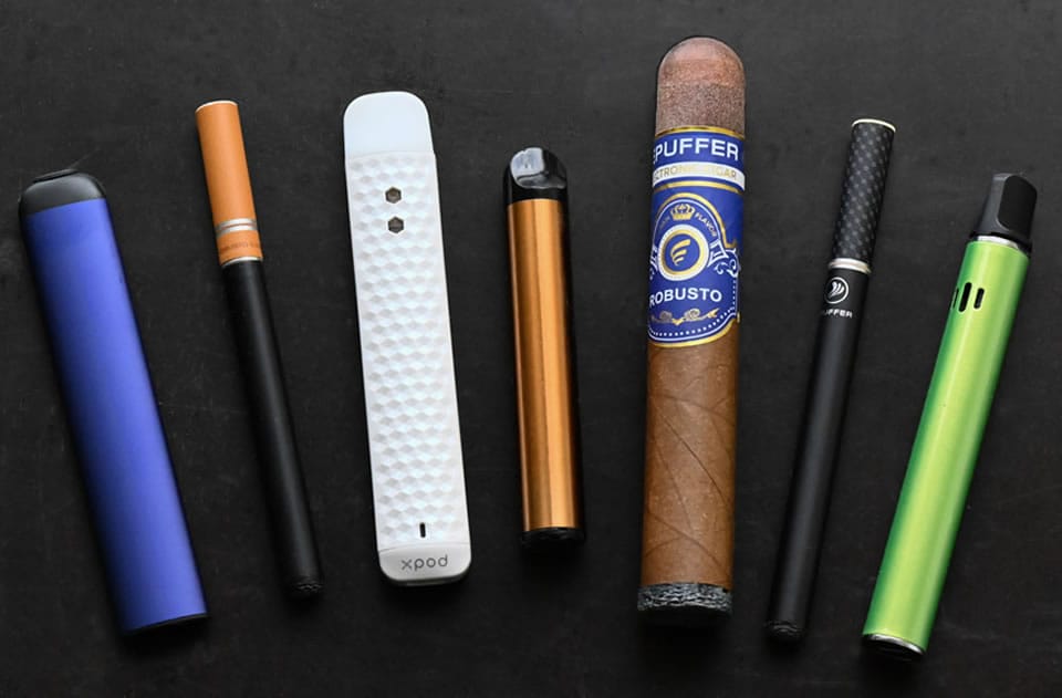 An infographic showing a side-by-side comparison of three types of vape devices: a true disposable vape, a rechargeable disposable vape, and a refillable pod system.