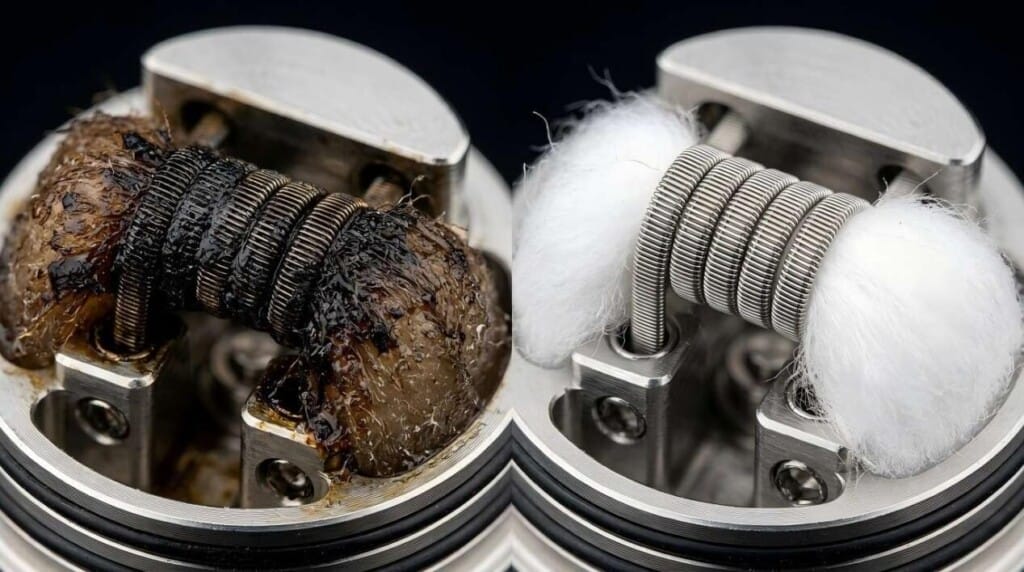 Image comparing condensation around a vape mouthpiece (tiny clear droplets) with a genuine vape leak (larger, sticky liquid seeping from seams).
