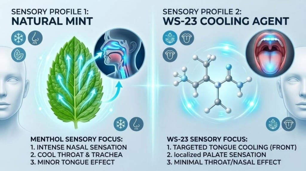 A conceptual image comparing traditional menthol (represented by mint leaves) and modern synthetic cooling agents like WS-23 (represented by an abstract cool effect or chemical structure) in vape liquids.