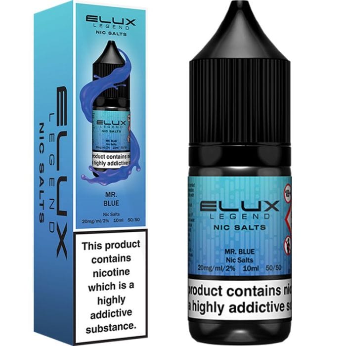 A 10ml bottle of nicotine salt e-liquid, possibly labeled Mr Blue from a brand like Bar Juice or Elux, for refillable pod systems.
