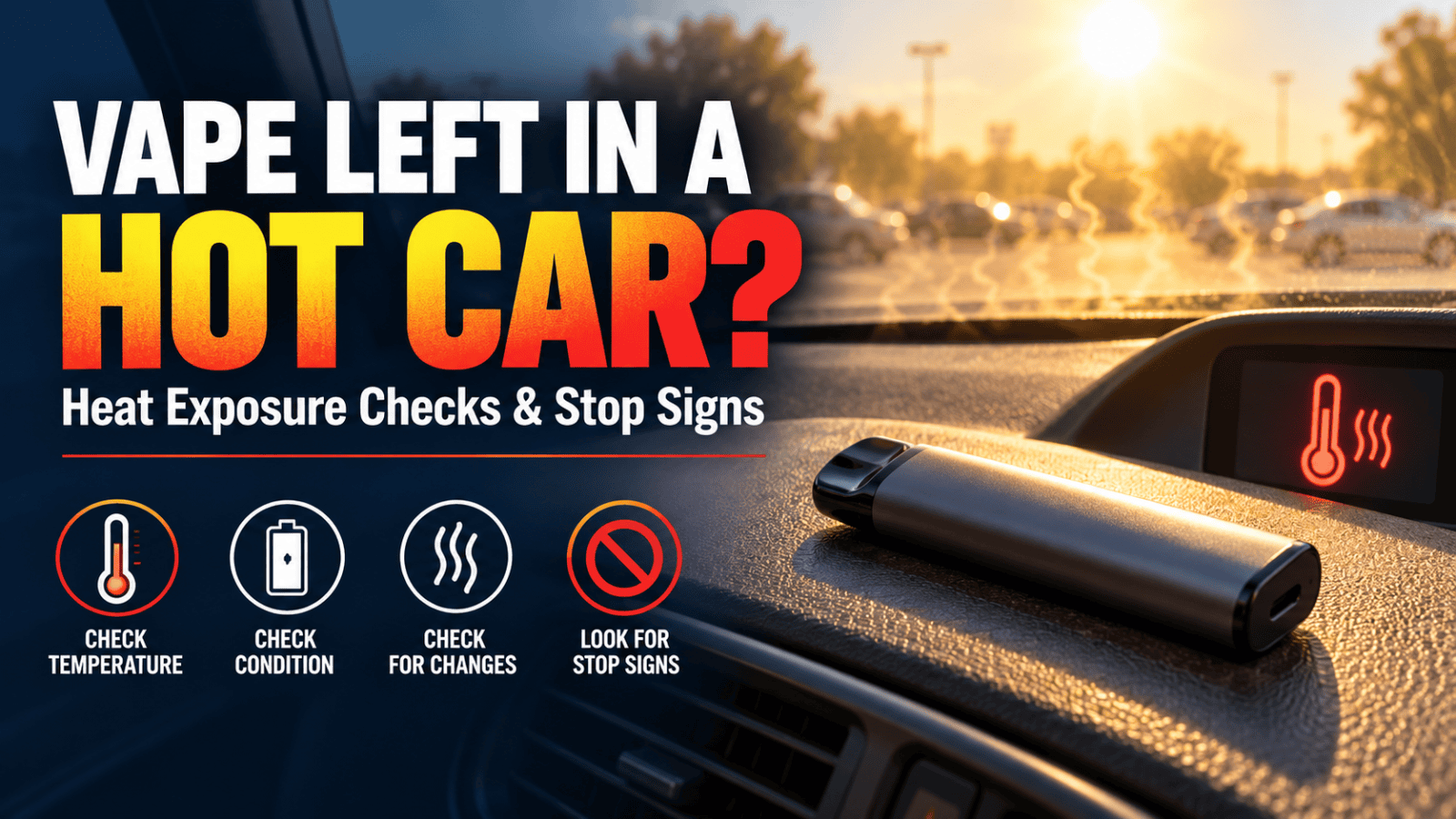 A disposable vape lying on a car dashboard or in a glove compartment, implying it has been left in a hot parked vehicle, potentially causing damage.