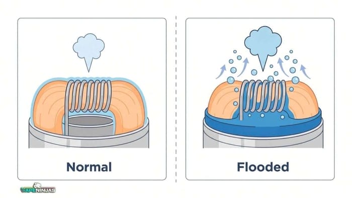 A cross-section diagram of a vape device showing vapor rising through the chimney and condensing into liquid droplets along the inner walls.