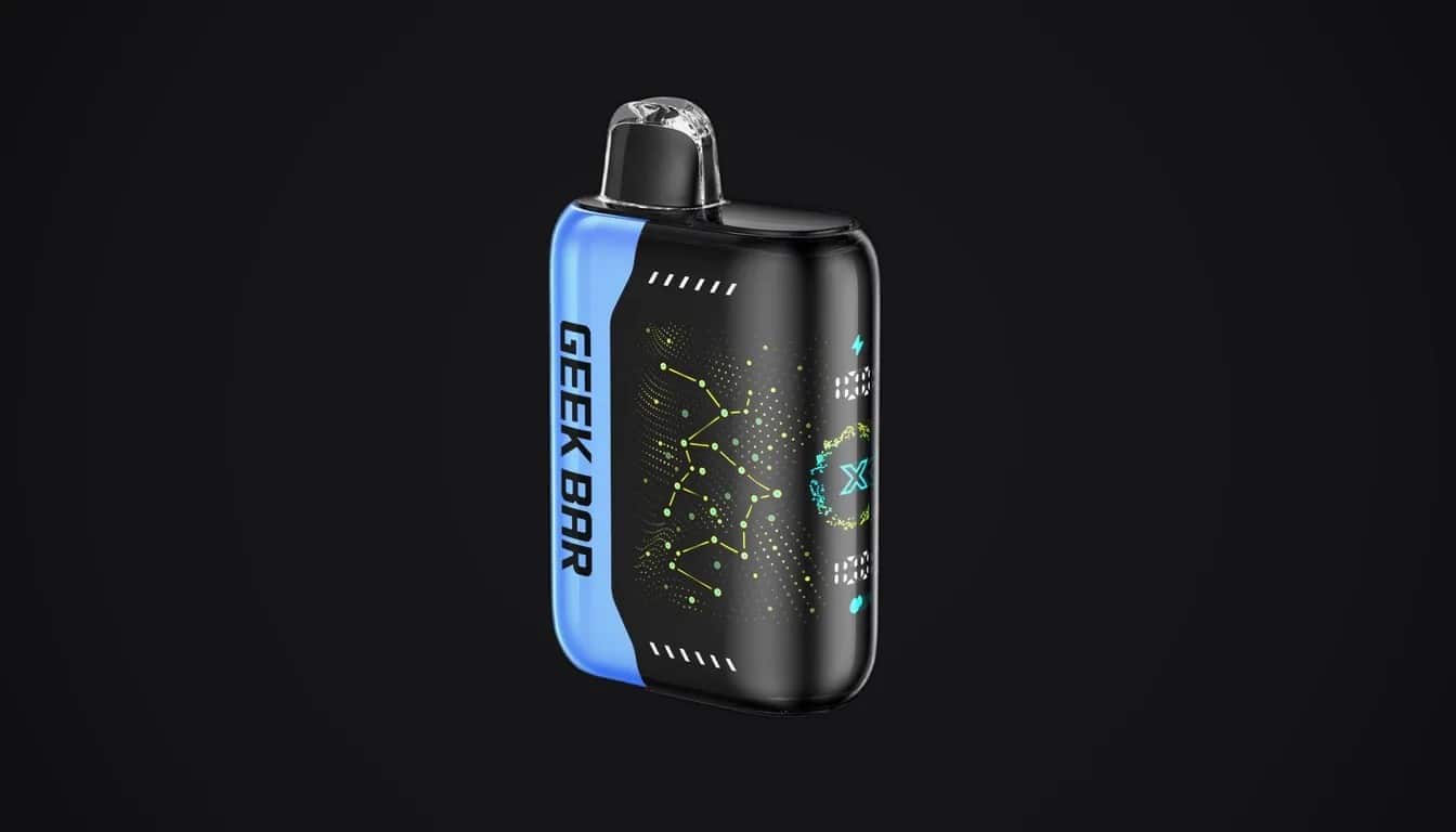 A close-up of a GEEK BAR PULSE X vape highlighting its digital screen displaying battery and e-liquid levels, and possibly a mode selection interface.