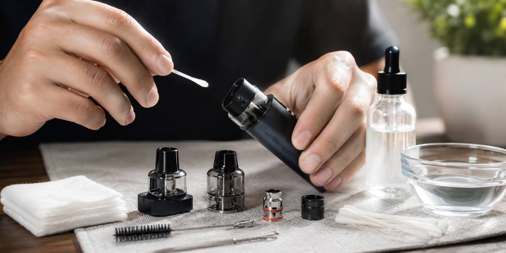 A disposable vape being held under a running water tap with a prominent X or warning sign overlaid, illustrating a common mistake that causes damage.