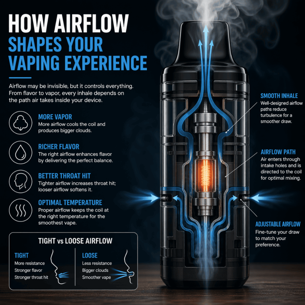 Diagram illustrating the internal airflow path within a vape device, showing how air enters, passes the coil, and mixes with vapor.