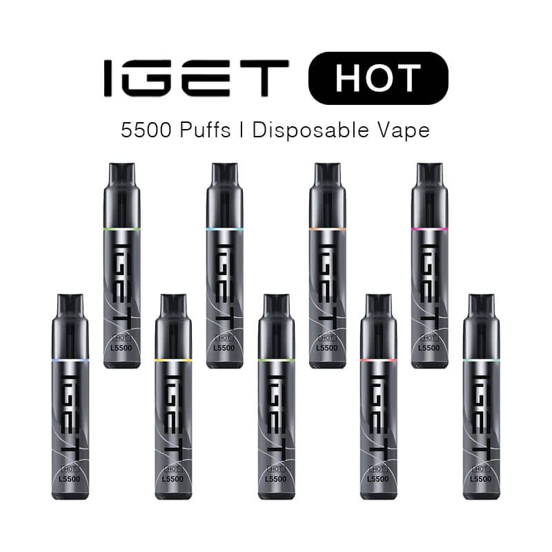 An IGET disposable vape device with a clean, simple design surrounded by various vibrant fruits.