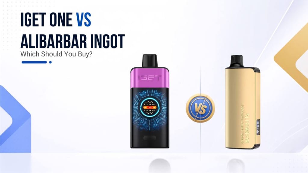 A visual comparison infographic contrasting IGET and ALIBARBAR disposable vape brands.