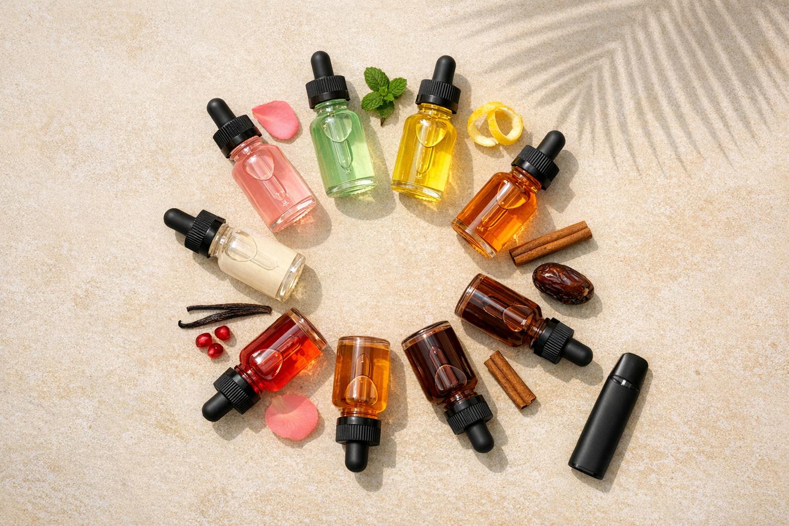 Several bottles of e-liquid with distinct and varied flavor profiles, such as fruit, dessert, and menthol, arranged to suggest variety and choice.