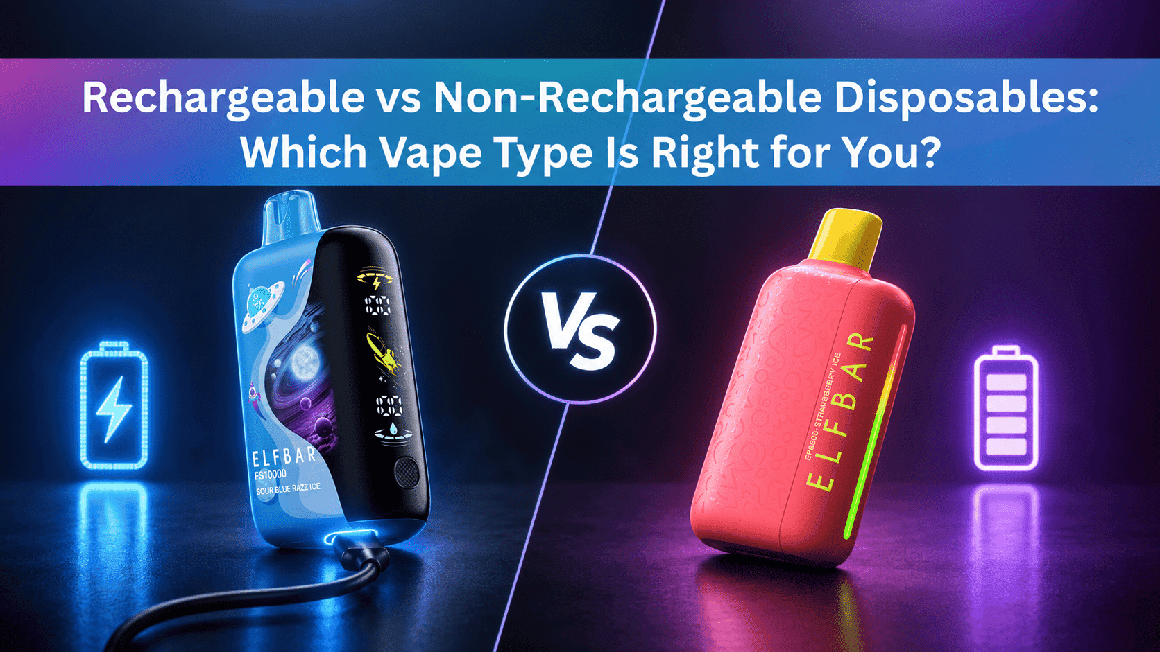 A visual comparison between a traditional non-rechargeable disposable vape and a modern rechargeable disposable vape with a visible USB-C charging port.