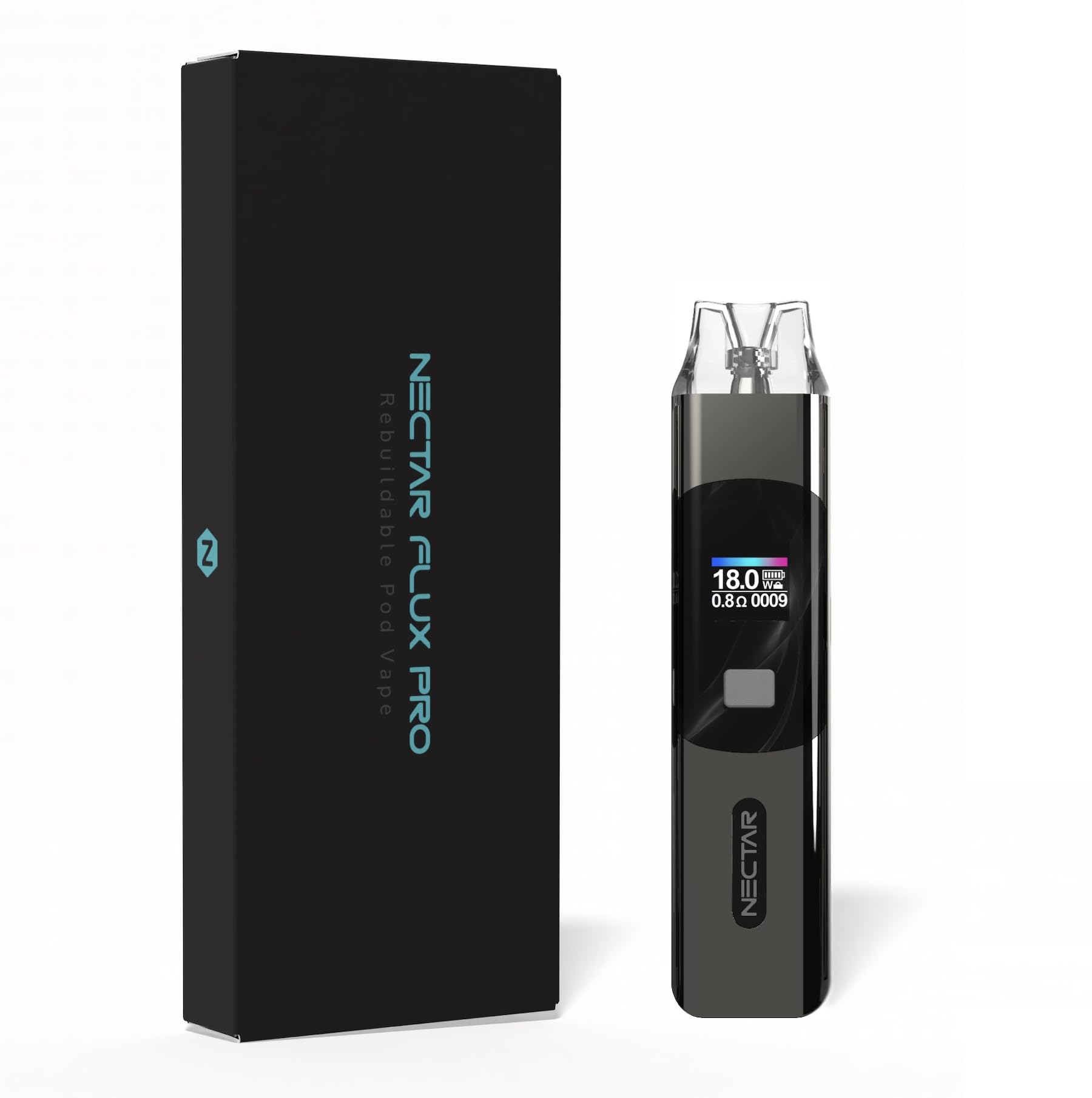 A retail vape product box clearly displaying a mandatory health warning placard about nicotine content.