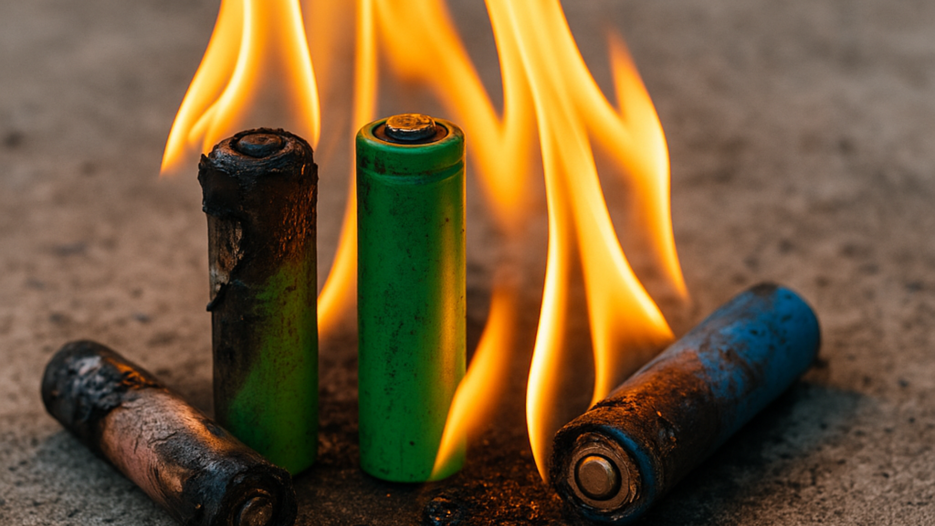 Dramatic image of a disposable vape igniting or catching fire due to thermal runaway, showing flames and smoke.