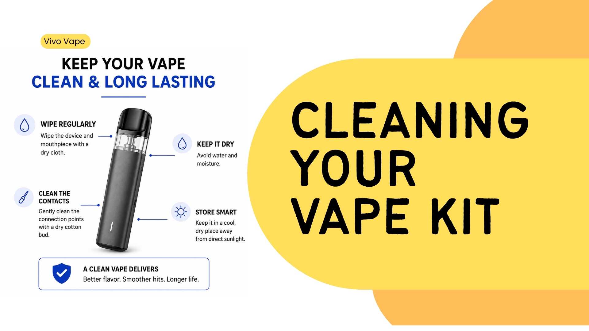 A hand holding a cotton bud, carefully cleaning e-liquid or residue from the connection bay and sensor hole of a vape device.
