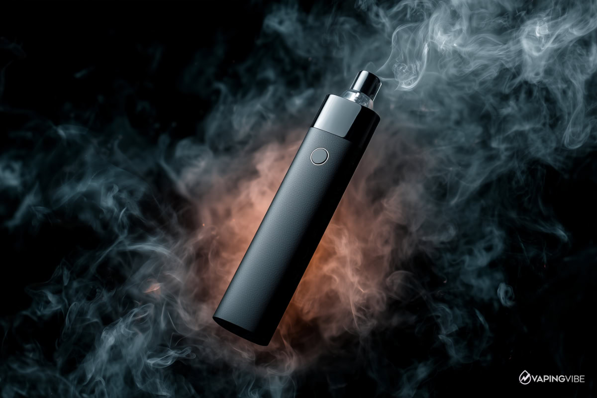 Image of a vape device spontaneously heating or emitting smoke, indicating auto-firing or malfunction, placed on a non-combustible surface.