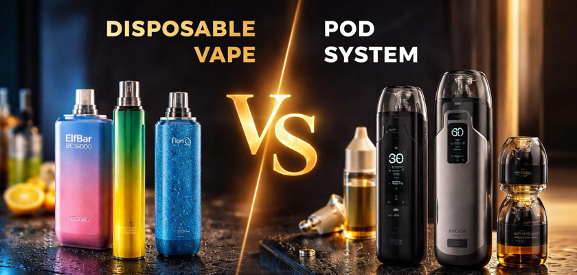 A clear comparison image showing a sleek, modern disposable vape device alongside a traditional bottled e-liquid with a dropper, highlighting their different formats.